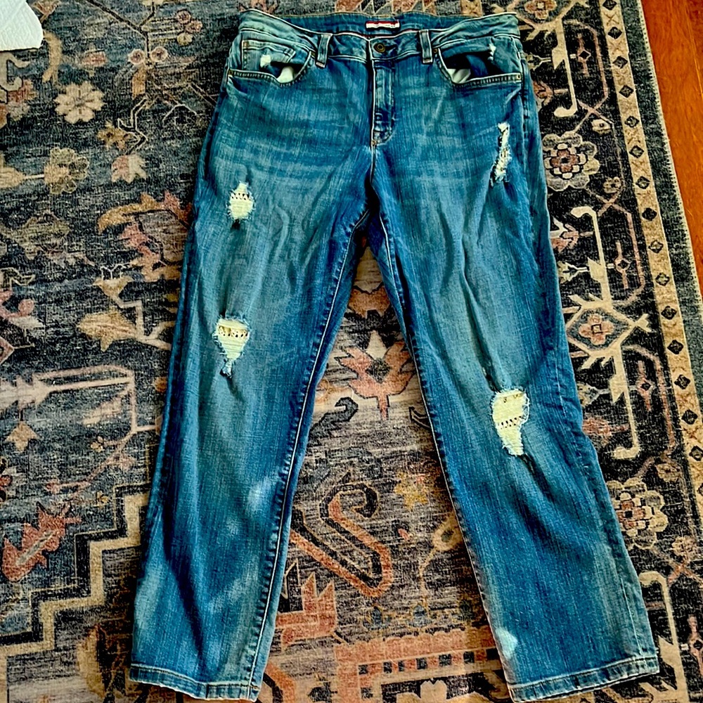 Tommy Hilfiger boyfriend jeans with Lace filled holes.